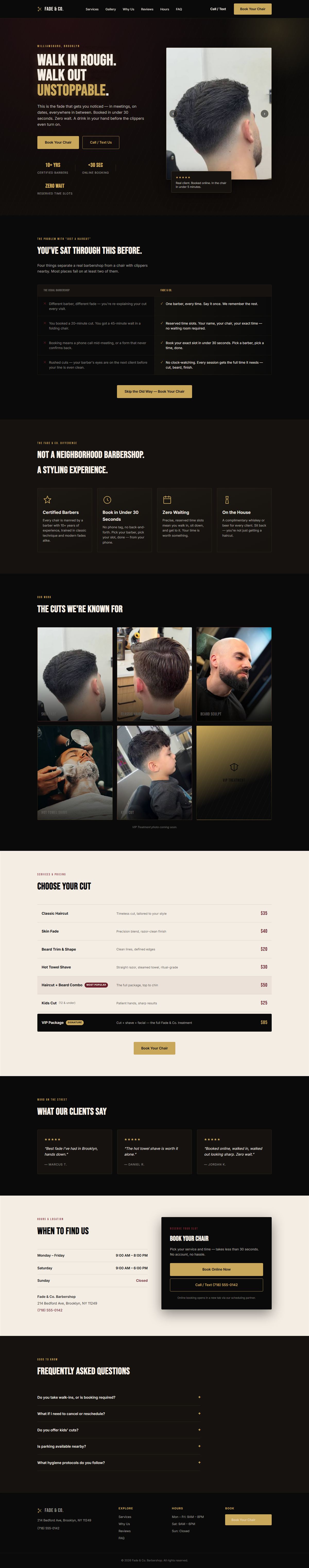 Top of the Fade and Co. barbershop landing page: dark hero with a photo of a fresh fade and a booking button.