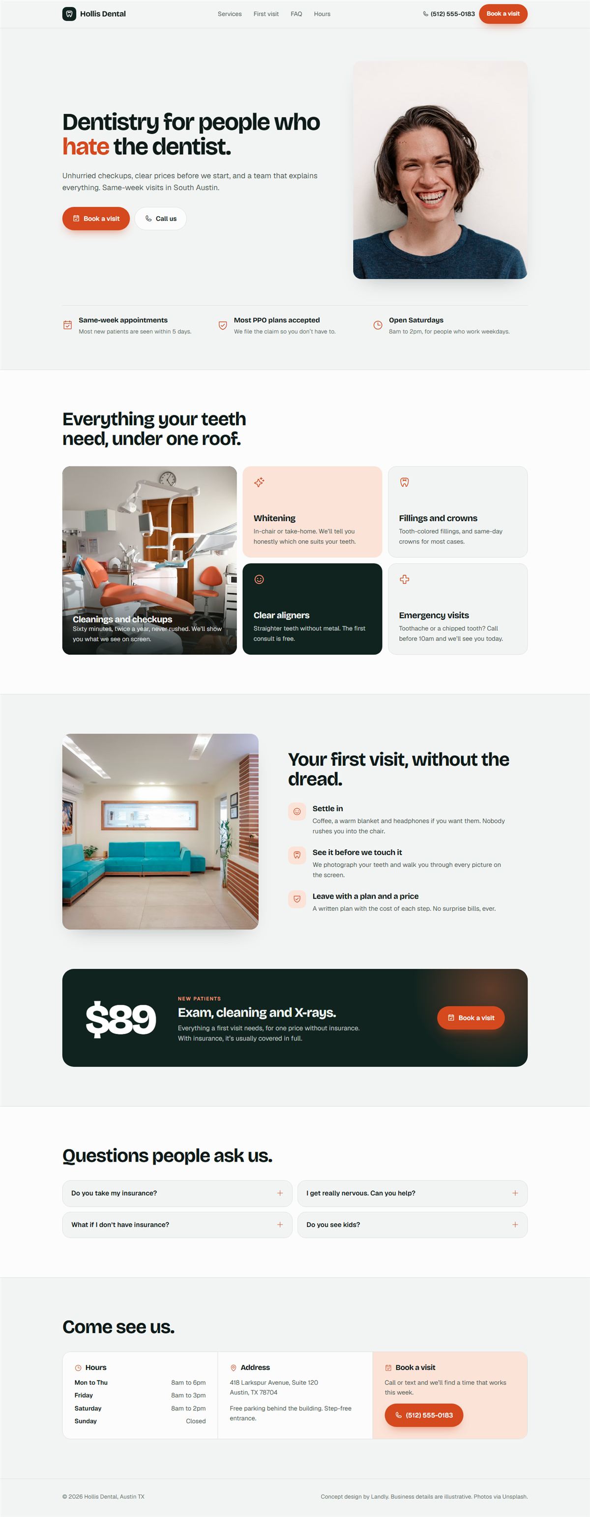 Top of the Hollis Dental landing page: light hero with a laughing patient and a book a visit button.